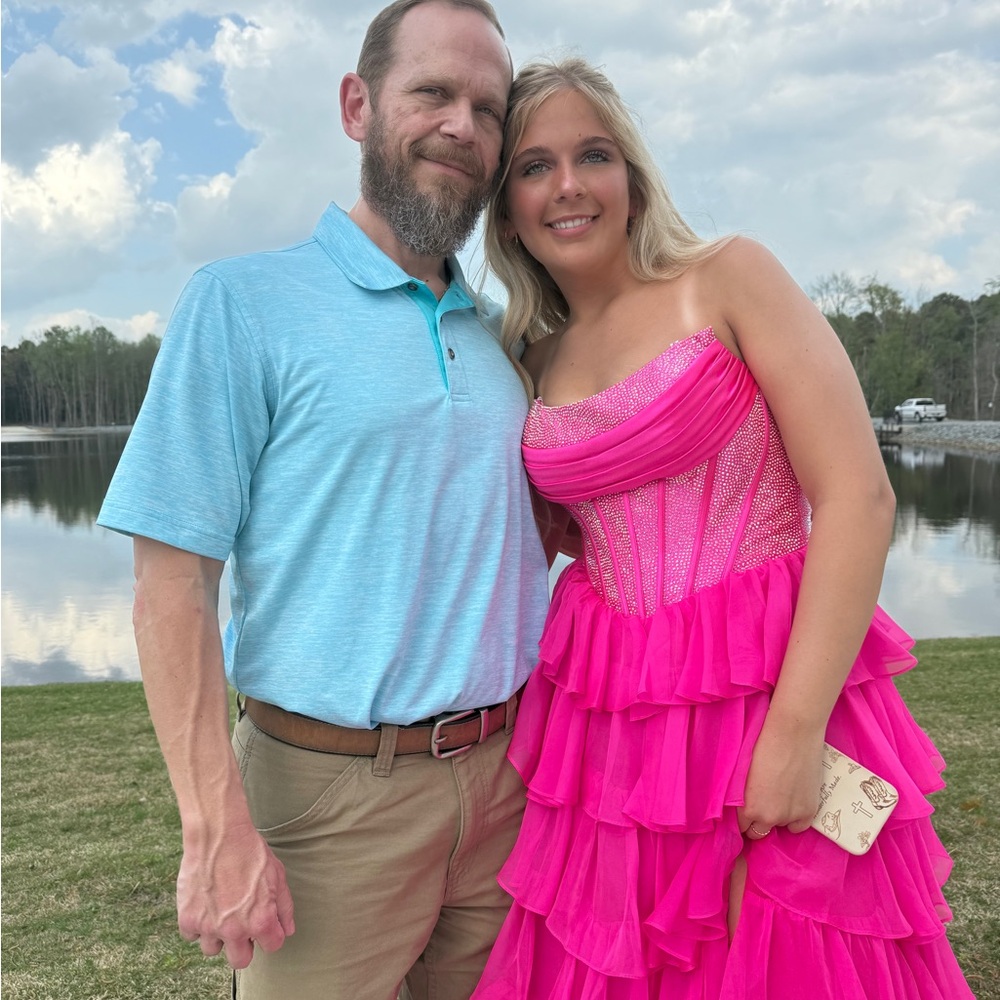 Vibrant Pink Strapless Ruffled Gown - Picture 5 of 6